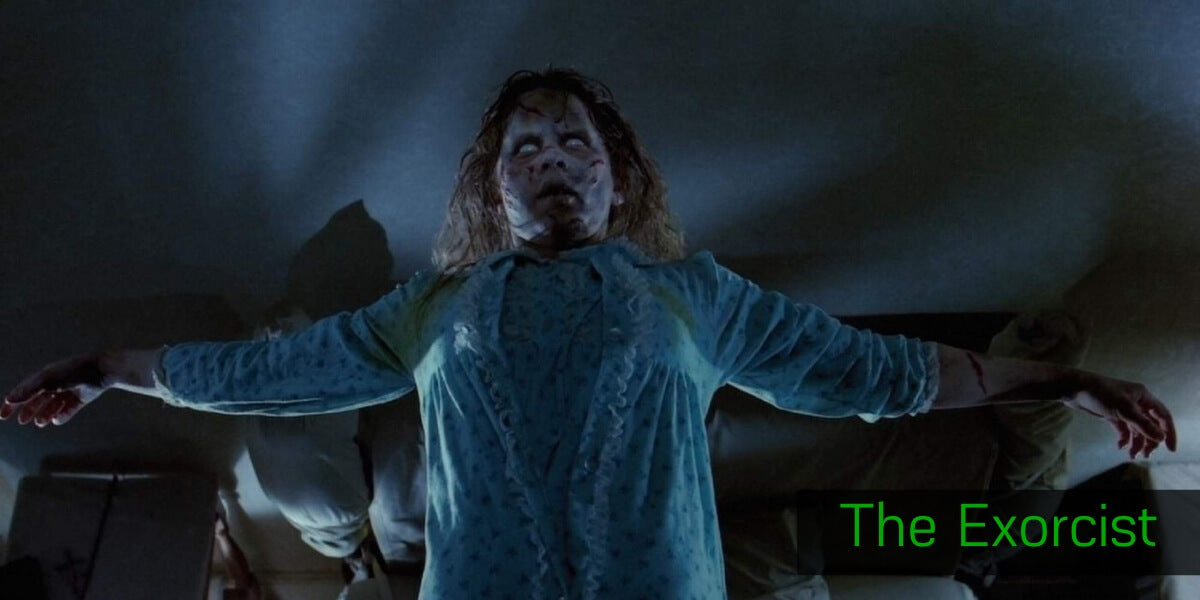 This is an image from The Exorcist of Regan possessed and floating above the bed.