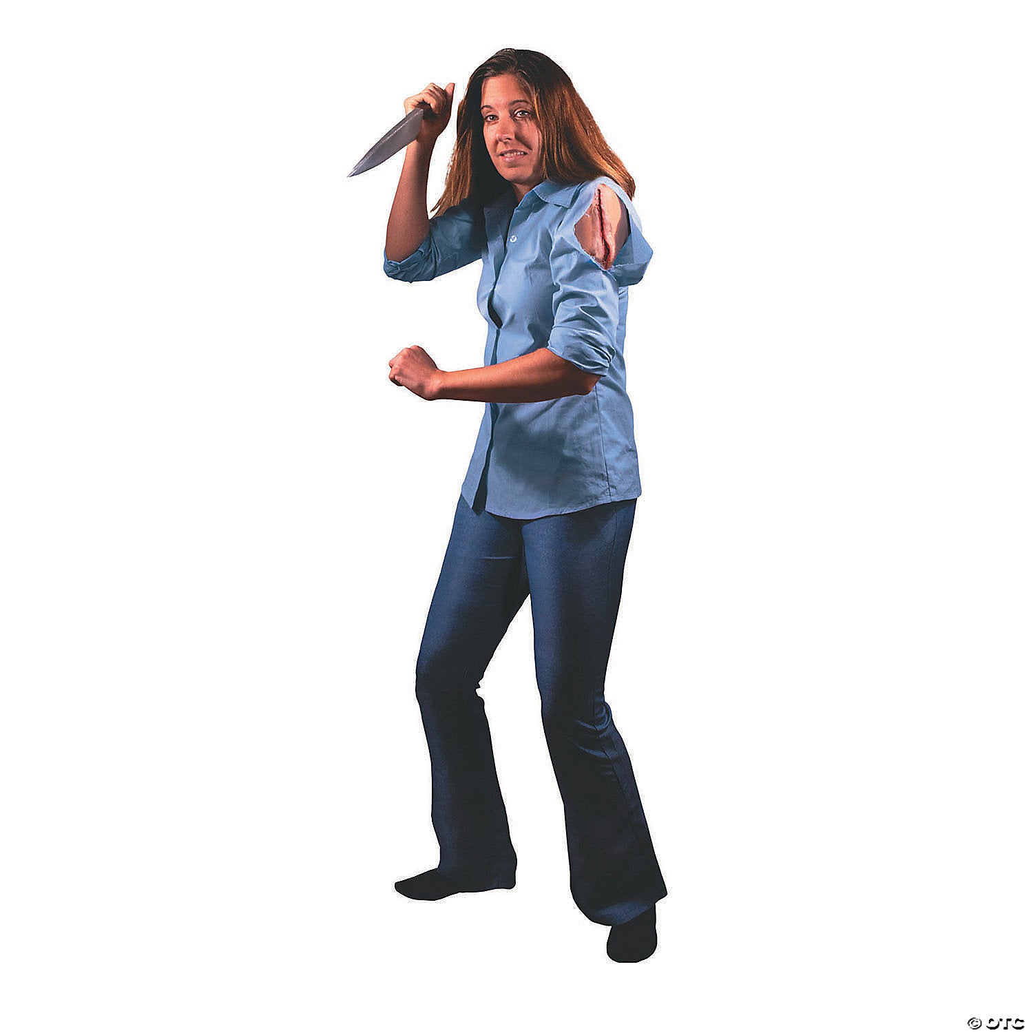 Person wearing a blue shirt and dark pants holding a knife on a white background