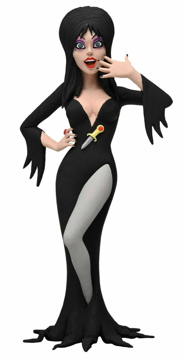 This is an Elvira NECA Toony Terror action figure and she is wearing a black dress, dagger knife and she has tall black hair.