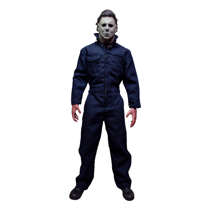 This is a Halloween 1978 Michael Myers action figure and he has a white face, brown hair, blue coveralls and black boots.