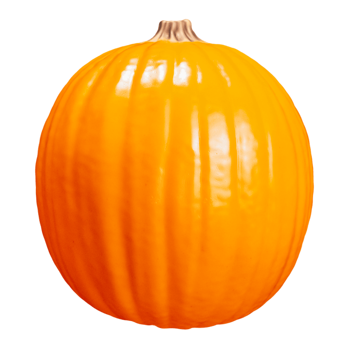 This is a Halloween 2018 light up pumpkin prop that is orange with a brown stem.
