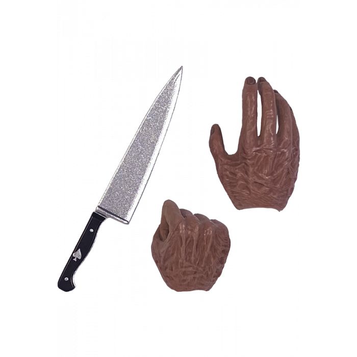 This is a Halloween 4 Return of Michael Myers Trick Or Treat Action Figure and they are burnt hands and a silver knife, with a black handle.