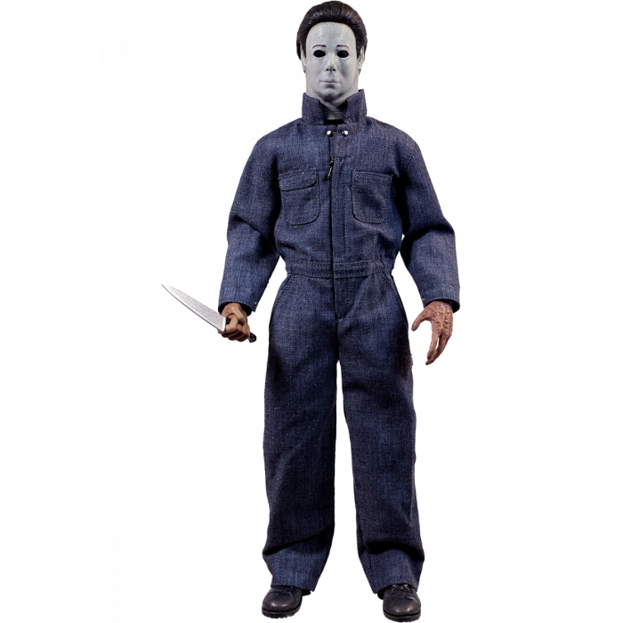 This is a Halloween 4 Return of Michael Myers Trick Or Treat Action Figure and he has a white mask, blue coveralls and a silver knife.