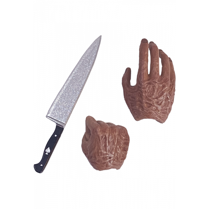 This is a Halloween 5 Revenge of Michael Myers Trick Or Treat Action Figure and they are burnt hands and a silver knife, with a black handle.