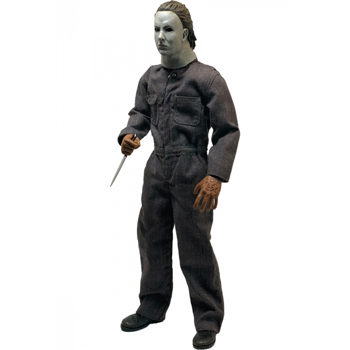 This is a Halloween 5 Revenge of Michael Myers Trick Or Treat Action Figure and he has a white mask, grey coveralls, black boots and a silver knife.