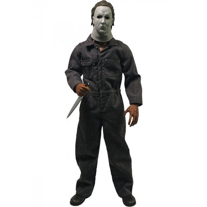 This is a Halloween 5 Revenge of Michael Myers Trick Or Treat Action Figure and he has a white mask, grey coveralls and a silver knife.