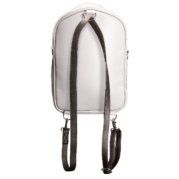 This is a Halloween Judith Myers tombstone purse and backpack that is grey with a black straps