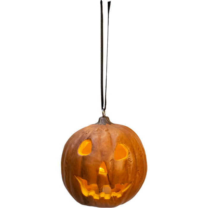 This is a Halloween movie light up pumpkin ornament that is orange with a dark ribbon and the pumpkin has a smile.