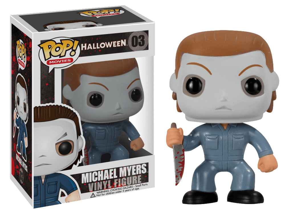 This is a Halloween Michael Myers Funko pop and he has a white face, blue coveralls and is holding a bloody knife in his hand.