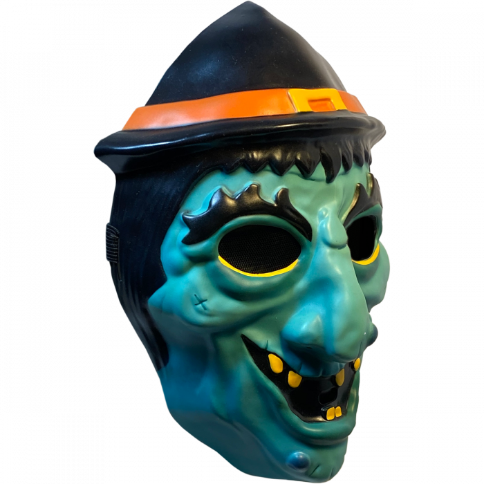 This is a Haunt movie witch mask and it is a green face and she has on a black pointy hat and she has black hair and yellow teeth.