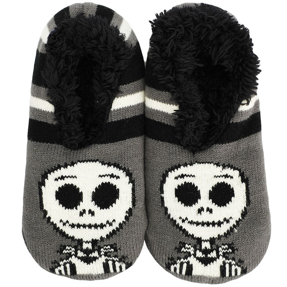 This is a pair of Nightmare Before Christmas Jack Chibi slipper socks and they are grey stripes with black fuzz.