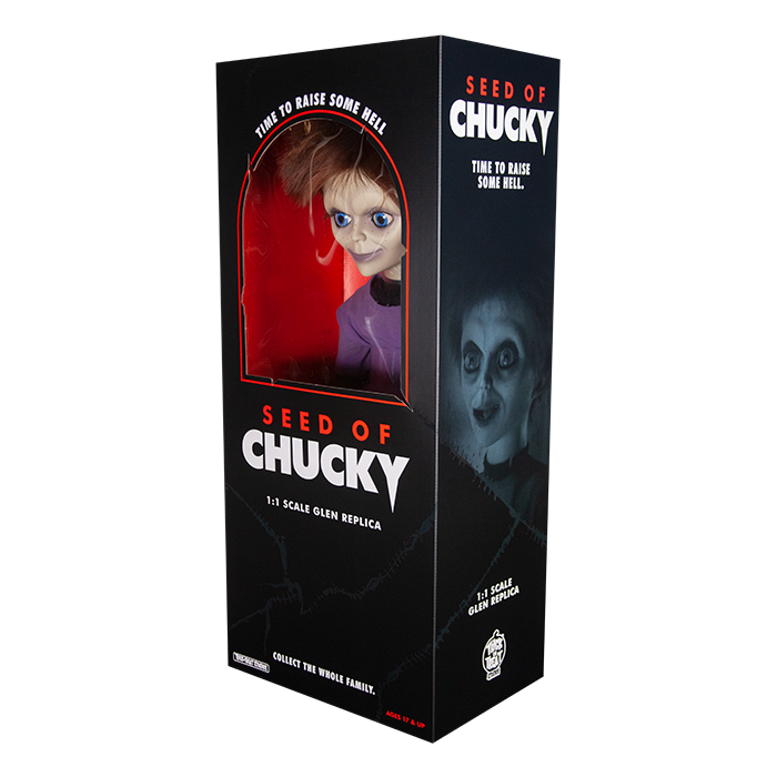 This is a Seed of Chucky Glen life size doll and the box is black and red.