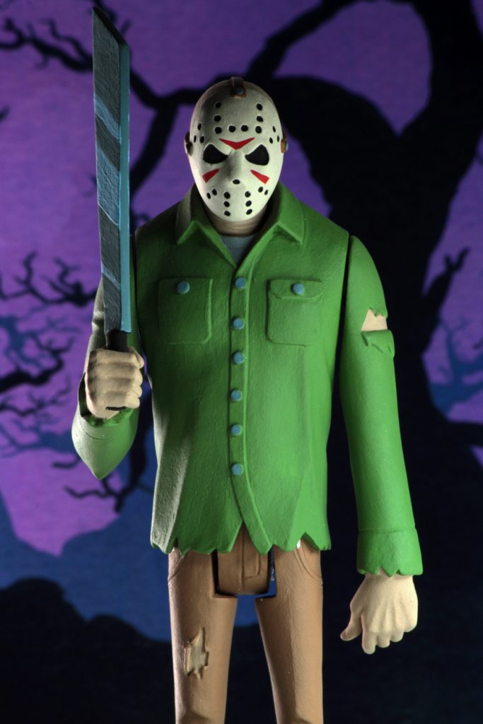 This is a NECA Toony Terror action figure of Friday the 13th Jason Voorhees, who is wearing a hockey mask, green shirt, brown pants, boots and holding a machete in his hands.