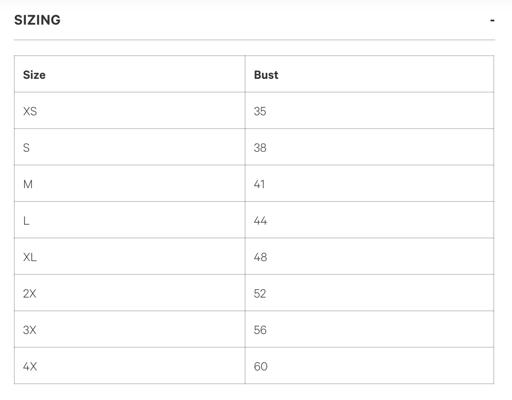 This is a Unique Vintage unisex t-shirt size chart.