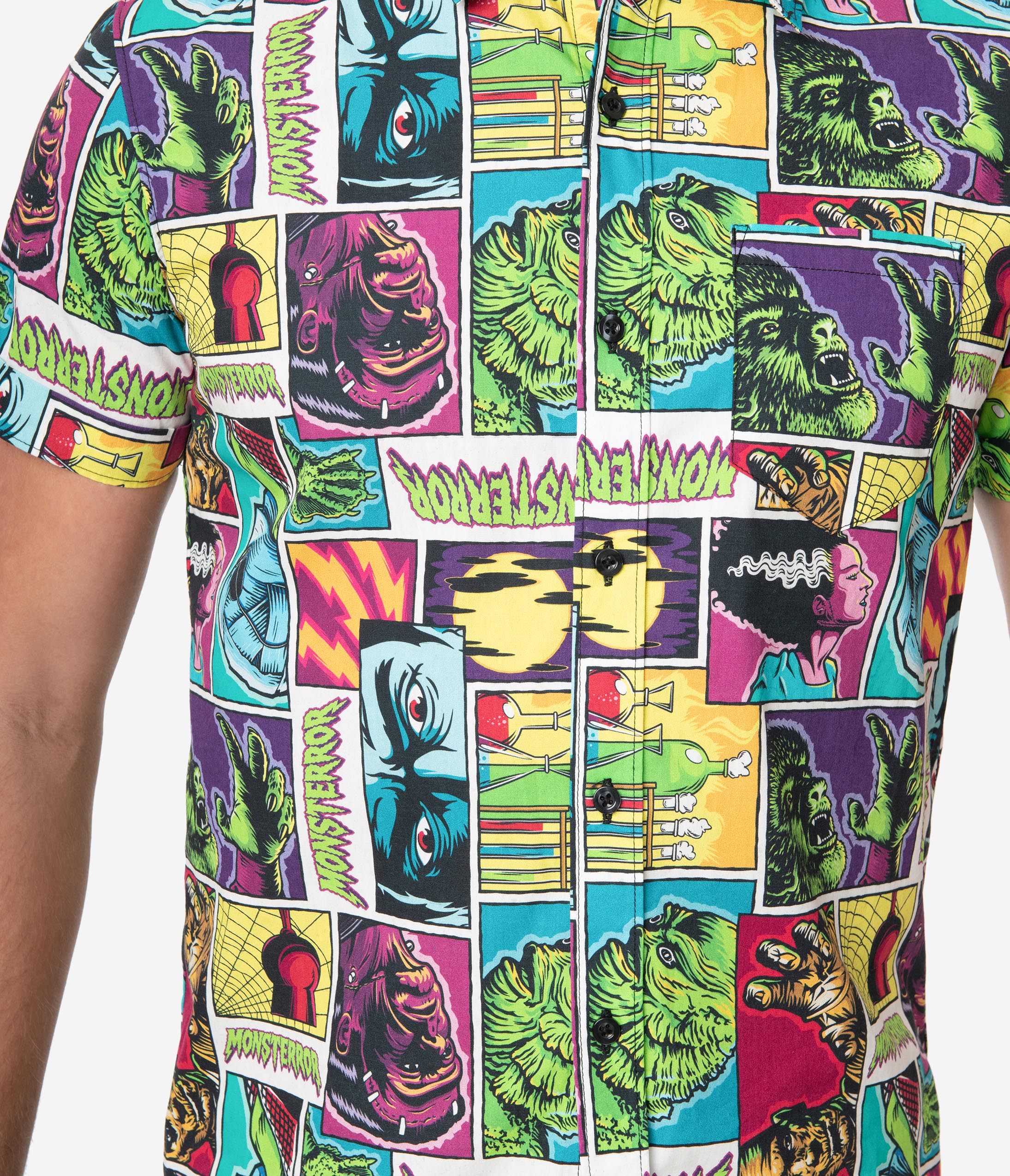 This is a Universal Monsters mens retro shirt by Unique Vintage, with Creature, Frankenstein, Dracula, Mummy, Bride, Wolfman and it has a collar short sleeves in green, purple, blue, yellow and red.