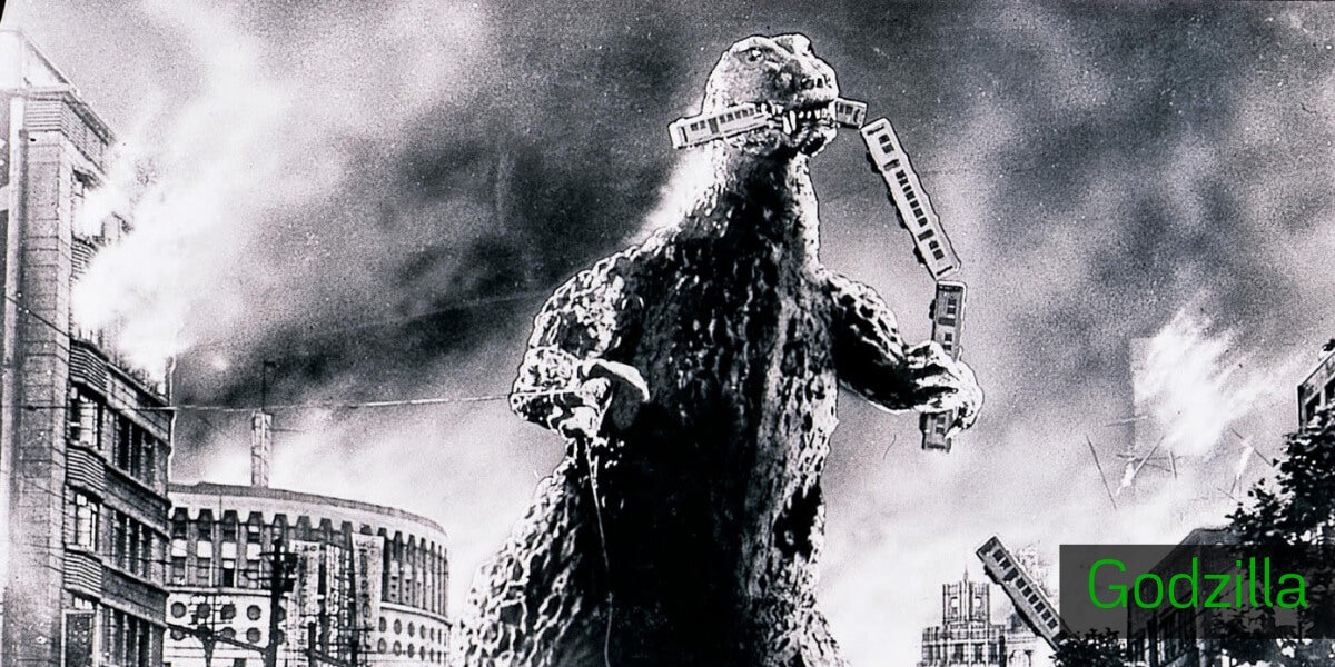 Godzilla 1956 movie poster with airplanes and burning city