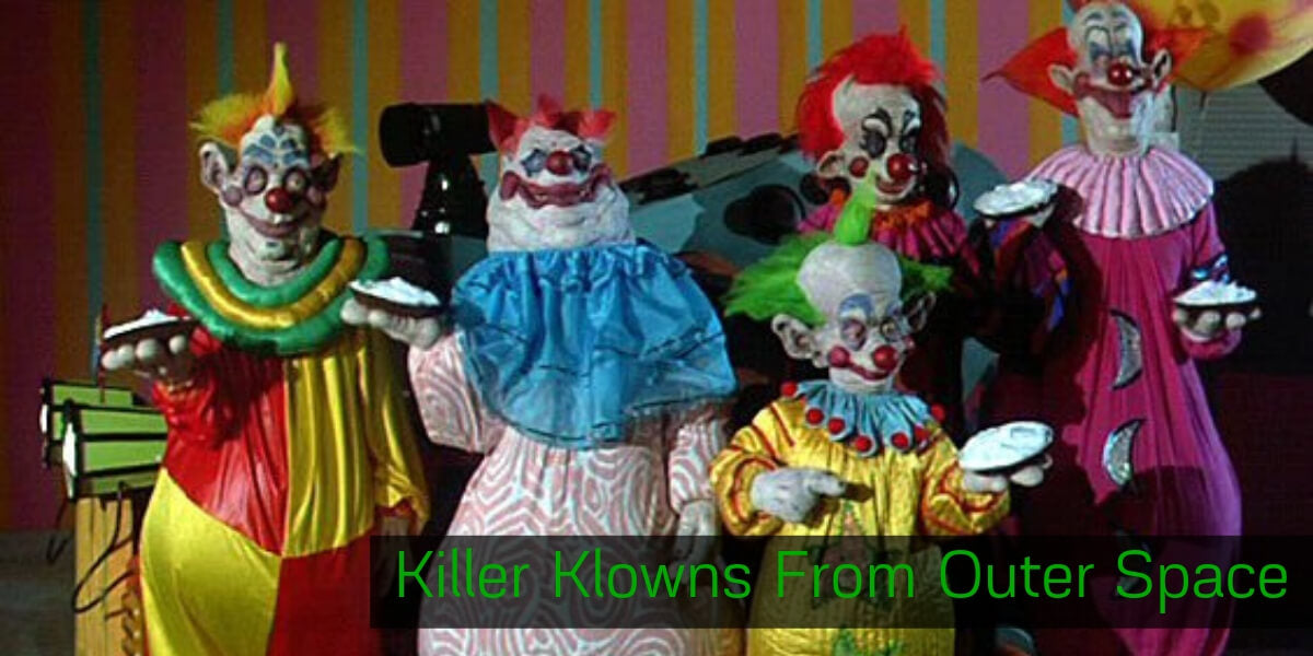 Killer Klowns From Outer Space movie poster with globe on a clown finger