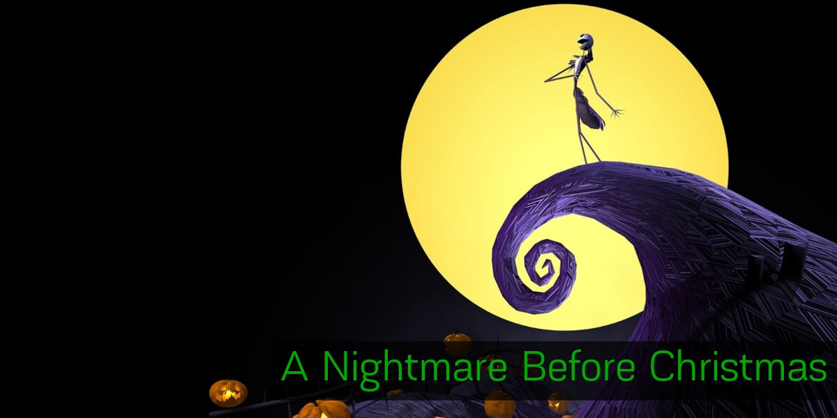 Tim Burton Nightmare Before Christmas movie poster with Jack Skellington on a hill with pumpkins