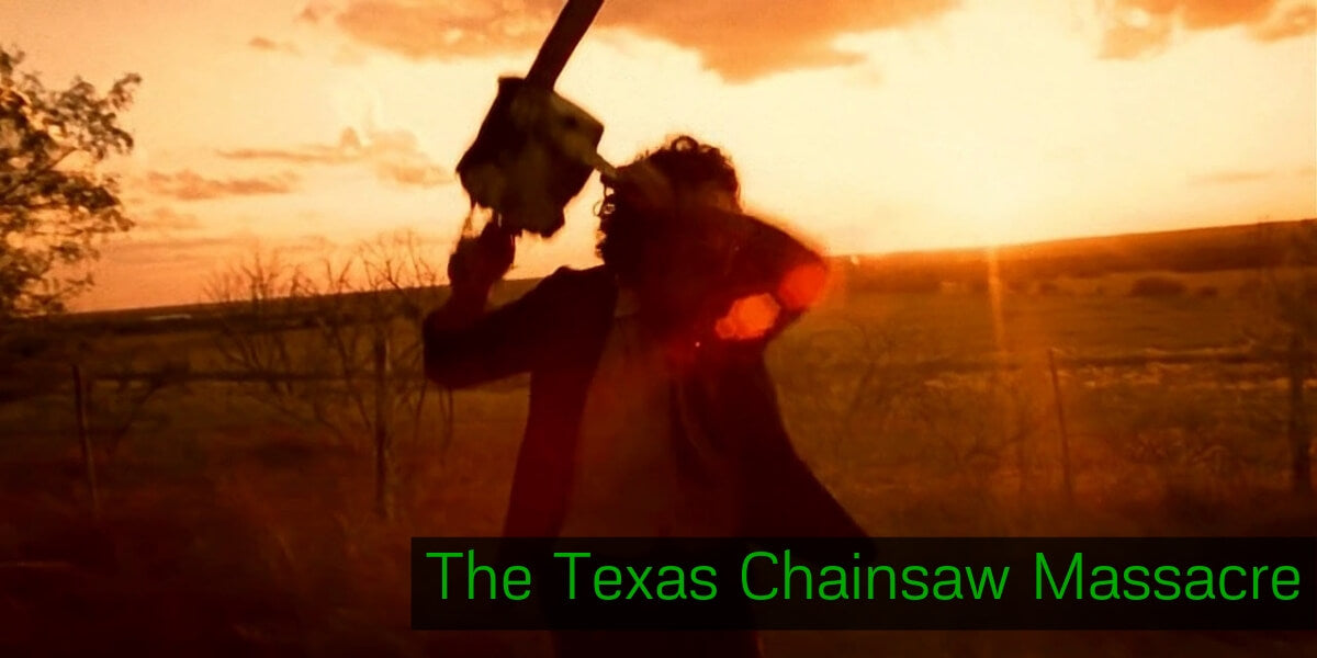 Texas Chainsaw Massacre movie poster with Leatherface and a woman hanging in the back