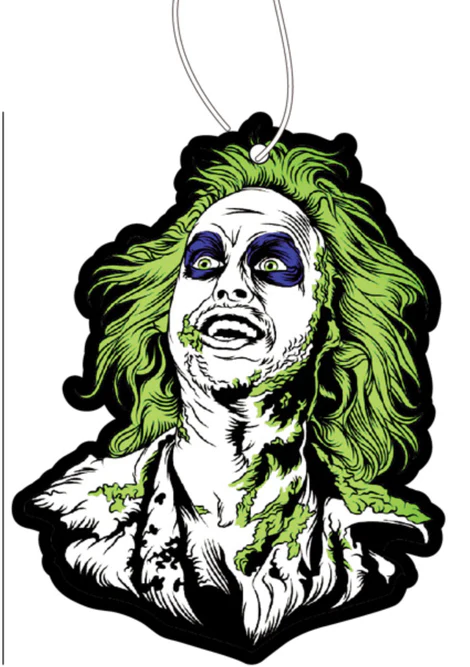 This is a Beetlejuice air fresener, hanging on a string and he has a white face, green hair and green goo on him