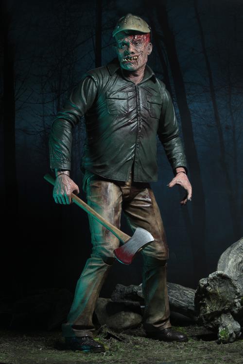 This is a NECA Jason Voorhees 1/4 scale action figure from Friday the 13th and he has a white hockey mask, green button up shirt, tan pants, black boots, bloody axe, bloody head and he is in front of trees.
