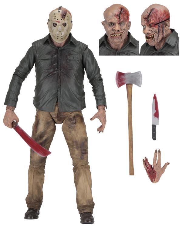 This is a NECA Jason Voorhees 1/4 scale action figure from Friday the 13th and there are 2 heads, machete, axe, knife and hand. 