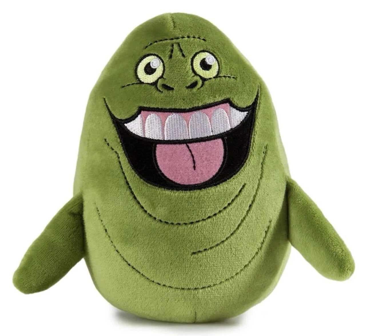 Green plush toy with a happy expression on a white background