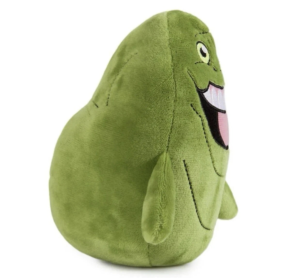 Green plush toy with a happy expression on a white background