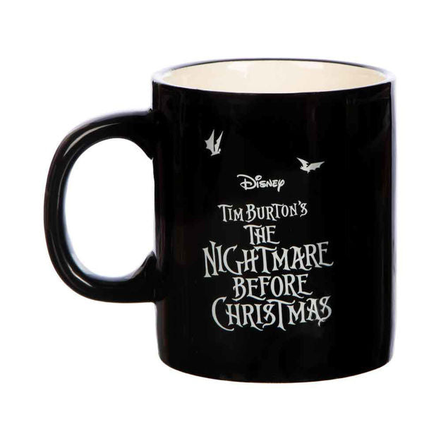 This is a Nightmare Before Christmas Jack and Sally on the hill mug that is black with white text and bats