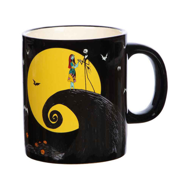 This is a Nightmare Before Christmas Jack and Sally on the hill mug that is black with white letters and bats, yellow moon and orange pumpkins