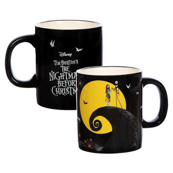 This is a Nightmare Before Christmas Jack and Sally on the hill mug that is black with white letters and bats