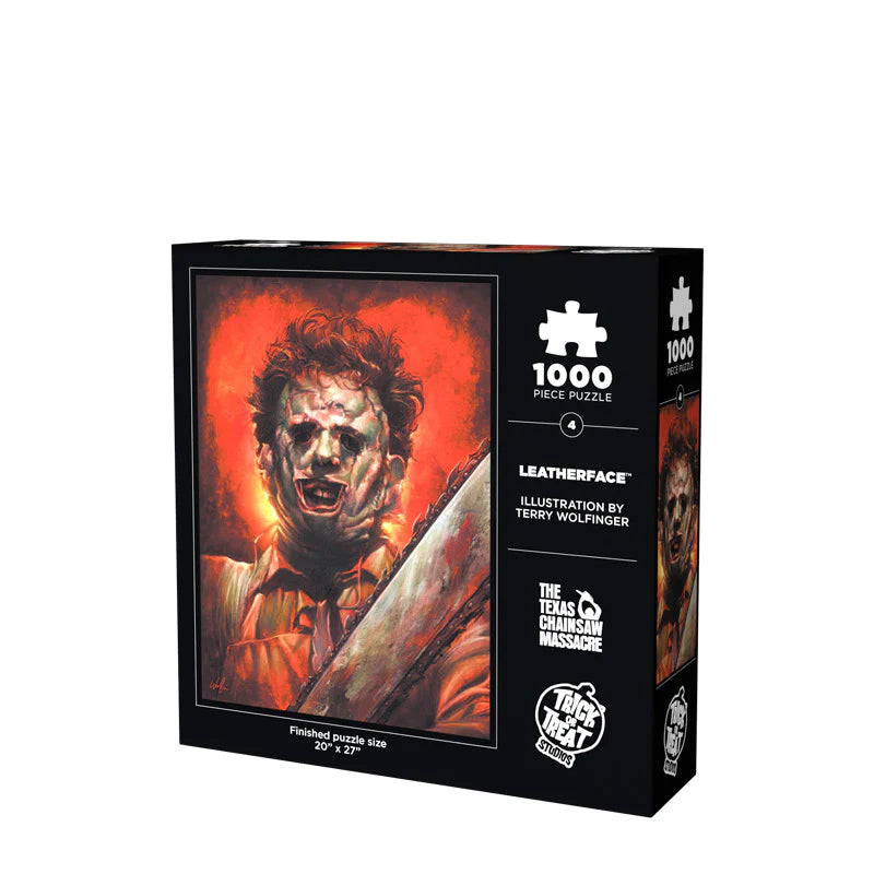 This is a Texas Chainsaw Massacre Leatherface puzzle and he has a flesh mask, brown hair and it is the back of the box