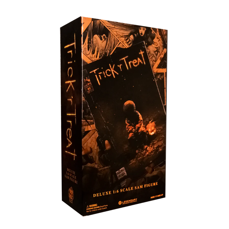 This is a Trick 'T Treat Sam 1:6 scale Figure box back and he has a burlap mask, pumpkin and orange jumpsuit