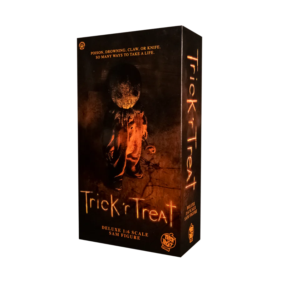 This is a Trick 'T Treat Sam 1:6 scale Figure box front and he has a burlap mask, lollipop, and orange jumpsuit