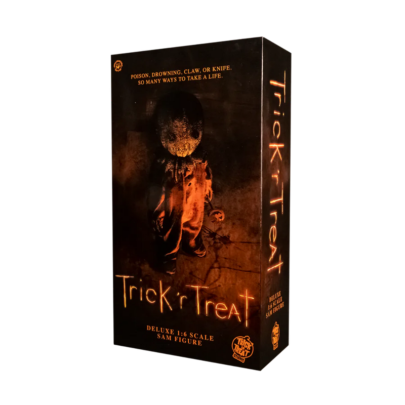 This is a Trick 'T Treat Sam 1:6 scale Figure box front and he has a burlap mask, lollipop, and orange jumpsuit