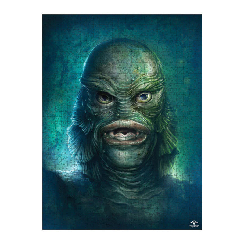 This is a Universal Monsters Puzzle of Creature From the Black Lagoon and he has a green face that looks like a fish, gills and teeth 