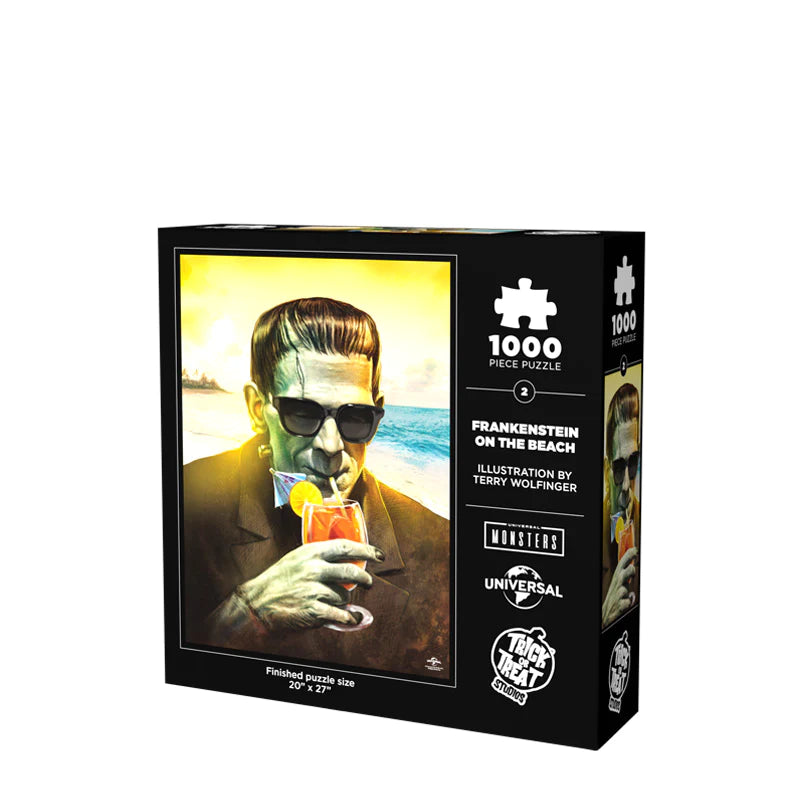 This is a Universal Monsters Frankenstein with beach and tropical drink puzzle and he has a green face, sunglasses, brown suit and dark hair and this is the back of the box