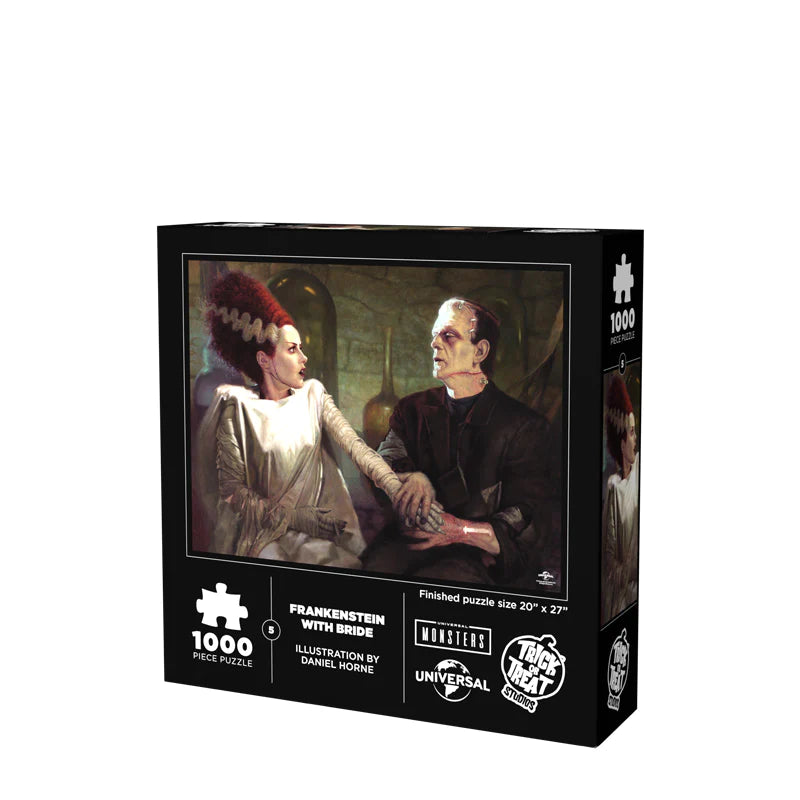 This is a Universal Monsters Frankenstein with Bride puzzle and he has a green face, brown suit and staples in his head and she has dark hair with white stripes and a white dress and this is the back of the box
