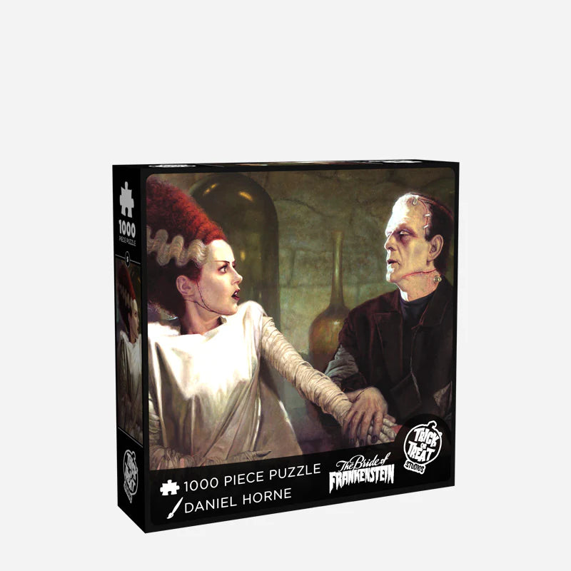 This is a Universal Monsters Frankenstein with Bride puzzle and he has a green face, brown suit and staples in his head and she has dark hair with white stripes and a white dress and this is the front of the box