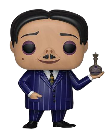 This is a Pop Vinyl Funko of Gomez, who is wearing a blue pin striped suit and has brown parted hair, from the 2019 animated movie Addams Family