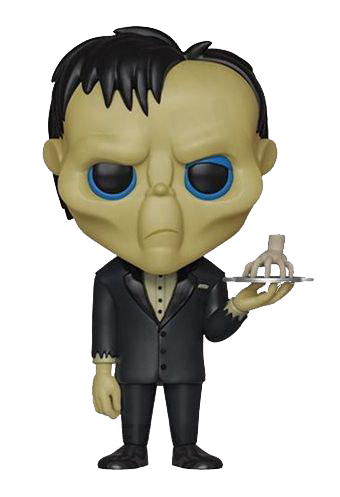 This is a Pop Vinyl Funko of Lurch, who is wearing a suit and carrying Thing on a silver platter, from the 2019 animated movie The Addams Family.