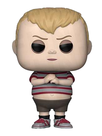 This is a Pop Vinyl Funko of Pugsley, who is wearing red tennis shoes, brown shorts and a striped shirt with blonde hair, from the 2019 animated movie Addams Family.