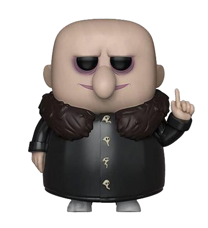 This is a Pop Vinyl Funko of Uncle Fester, who is bald and wearing a brown coat, from the 2019 animated movie Addams Family.