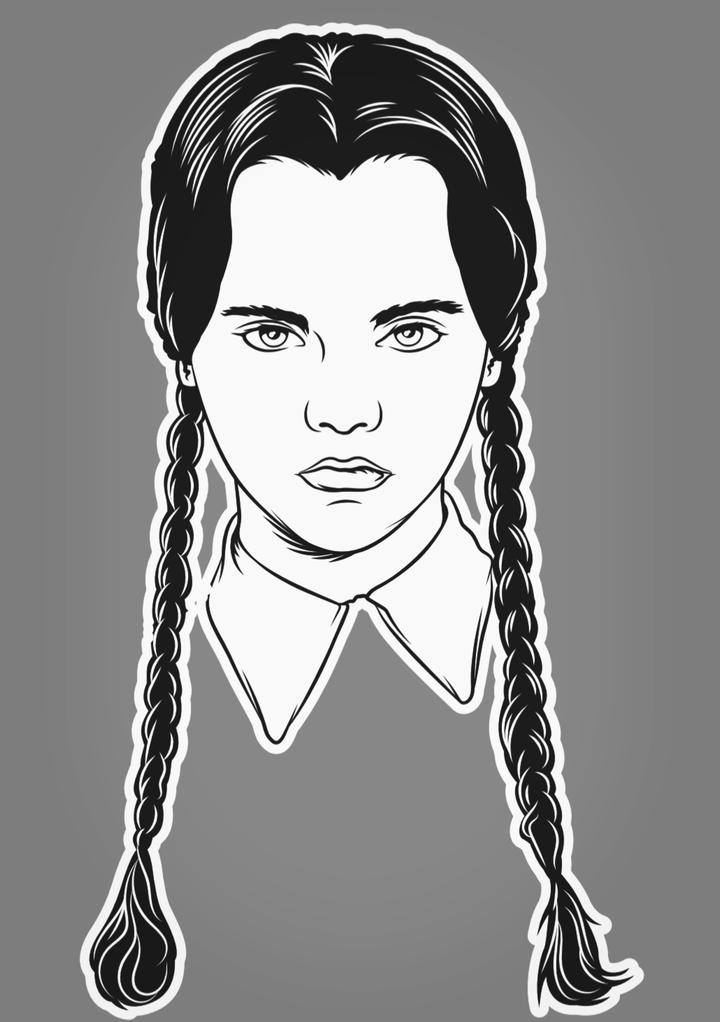 This is an Addams Family Wednesday sticker and she has black braids and a white collar.
