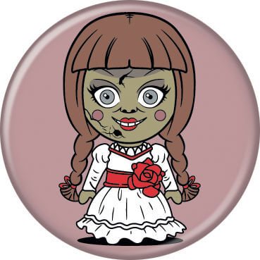 This is a chibi button of Annabelle, who is wearing a white dress with a red bow and her hair has brown braids.
