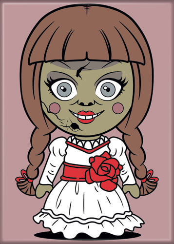 This is a chibi magnet of Annabelle, who is wearing a white dress with a red bow and she has brown braids.