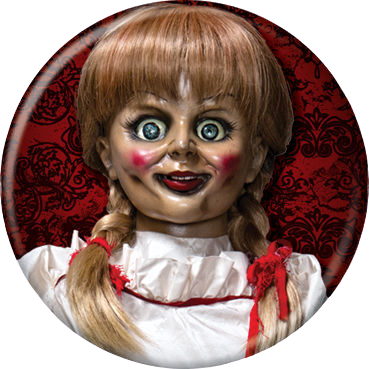 This is an Annabelle button and she has a white dress, braids with red ribbons, red cheeks and lips and she is in front of a red background.