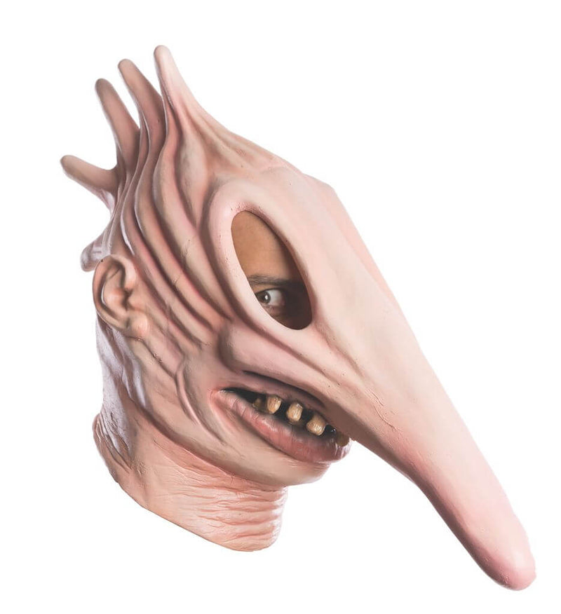 This is a mask of Adam Maitland from Beetlejuice, who has a skin colored face, a long and pointy nose and 4 things sticking out from his head.