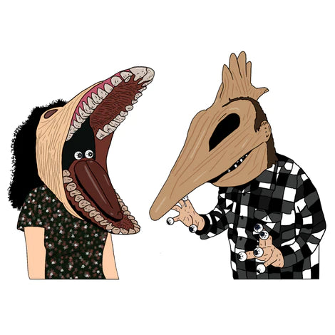 This is a Beetlejuice Adam and Barbara Maitland sticker and she has on a dark floral dress and her face is an open mouth with white teeth and eyeballs on her tongue and he is wearing a black and white checkered shirt and has eyeball fingers, a long nose and a hand on his head.
