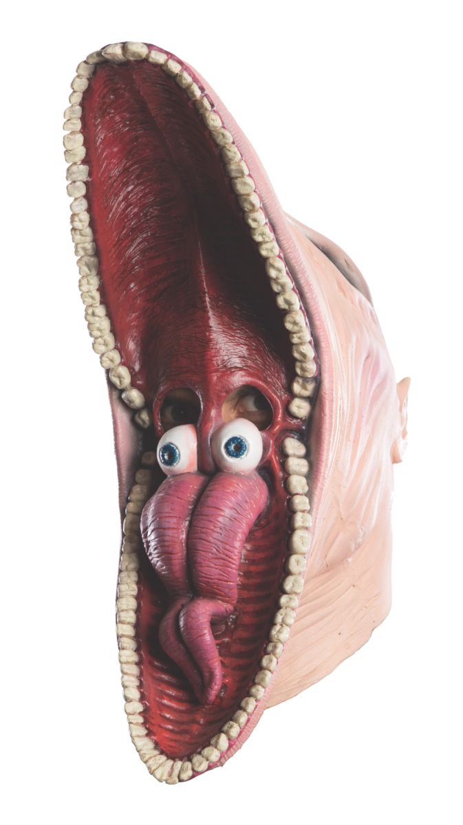 This is a Beetlejuice Barbara Maitland latex mask and it is a big open mouth with white teeth and eyeballs in the mouth.